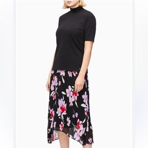 NWT Calvin Klein Skirt Womens Sz L Black Purple Pleated Pull On Midi Lined